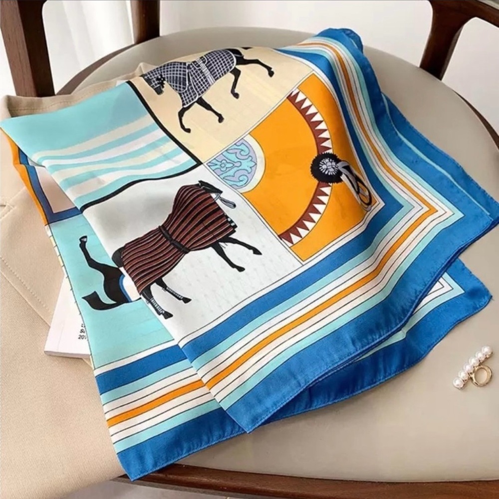 New Equestrian Print Scarf in Blue, Turquoise & Gold